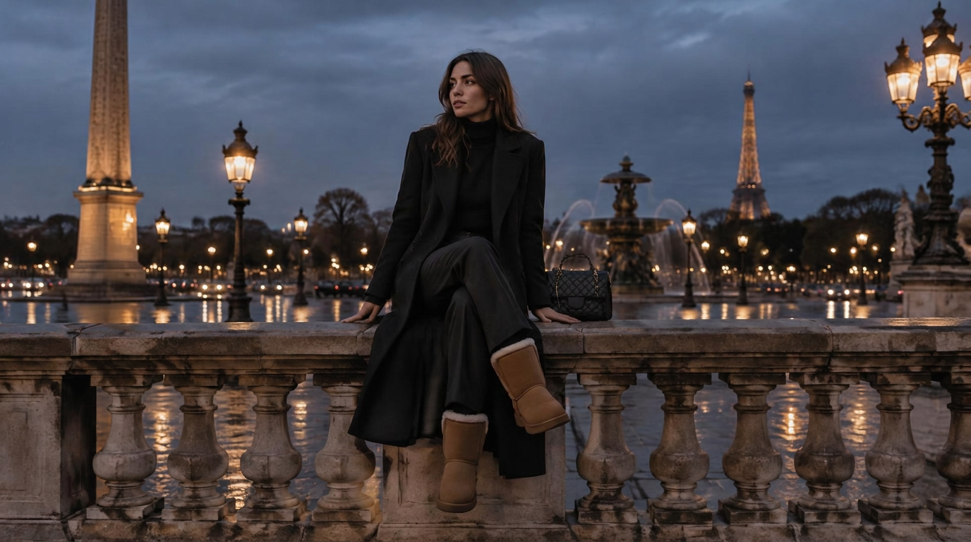 Femme en manteau noir et bottes fourrées à Paris, à la tombée de la nuit